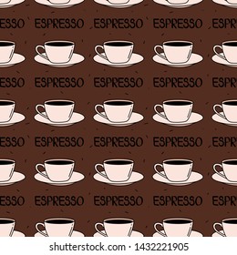 Seamless pattern with cups of coffee, hand drawn overlapping backdrop. Colorful background vector. Set of cups. Decorative wallpaper, good for printing