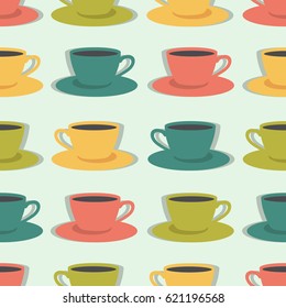 Seamless pattern with cups of coffee, hand drawn icons. Colorful illustration, set of cup. Decorative wallpaper, good for printing. Design backdrop