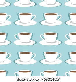 Seamless pattern with cups of coffee, hand drawn icons. Colorful illustration, set of cup. Decorative wallpaper, good for printing. Design backdrop