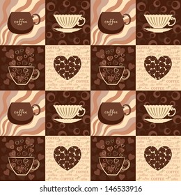 Seamless pattern with cups and coffee  heart on brown and beige squares. Vector background. 