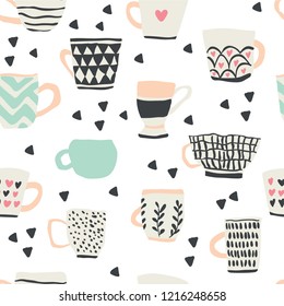 seamless pattern with cups of coffee illustrations on white background. Autumn and winter mood. Home decorations isolated on white background. Scandinavian style