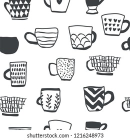 seamless pattern with cups of coffee illustrations on white background. Autumn and winter mood. Home decorations isolated on white background. Scandinavian style