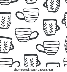 seamless pattern with cups of coffee illustrations on white background. Autumn and winter mood. Home decorations isolated on white background. Scandinavian style
