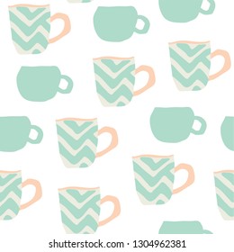 seamless pattern with cups of coffee illustrations on white background. Autumn and winter mood. Home decorations isolated on white background. Scandinavian style