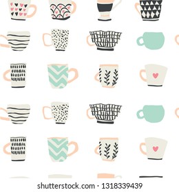 seamless pattern with cups of coffee illustrations on white background. Autumn and winter mood. Home decorations isolated on white background. Scandinavian style - Vector