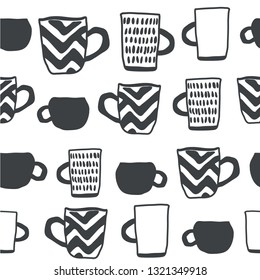 seamless pattern with cups of coffee illustrations on white background. Autumn and winter mood. Home decorations isolated on white background. Scandinavian style - Vector