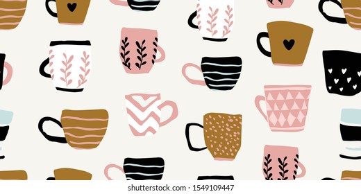 Seamless pattern with cups of coffee illustrations on white background. Autumn and winter mood. Home decorations isolated on white background. Scandinavian style