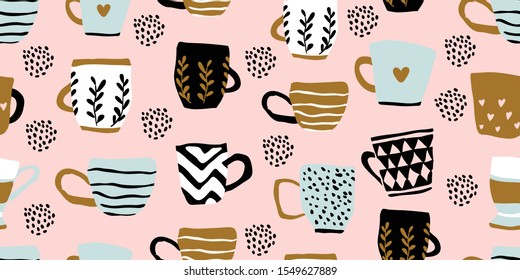 Seamless pattern with cups of coffee illustrations on pink background. Autumn and winter mood. Home decorations isolated on pink background. Scandinavian style