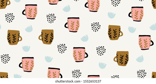 Seamless pattern with cups of coffee illustrations with polka dots and cartoon flowers on blue background. Autumn and winter mood. Home textile pattern in pastel colors. Scandinavian style