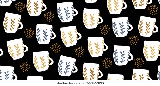Seamless pattern with cups of coffee illustrations on black background. Autumn and winter mood. Home decorations isolated on white background. Scandinavian style