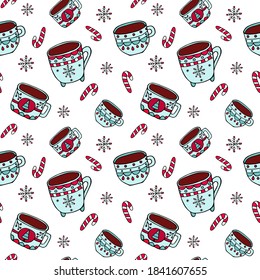 Seamless pattern with cups of coffee illustrations. Winter mood, vector illustration