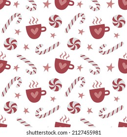 Seamless pattern with cups of coffee illustrations on a white background. Winter Christmas mood texture for holidays. Vector illustration for home decorations. Love candy, and hot drinks