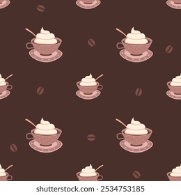 Seamless pattern with cups of coffee with lush foamand coffee beans on a saucer in pastel colors on a dark background