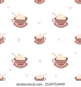 Seamless pattern with cups of coffee with lush foam, hearts on a saucer in pastel colors on a white background