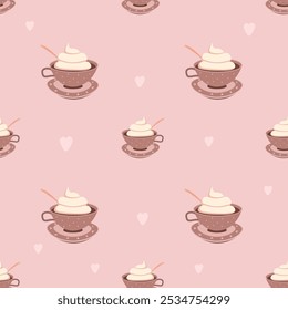 Seamless pattern with cups of coffee with lush foam on a saucer in pastel colors on a pink background