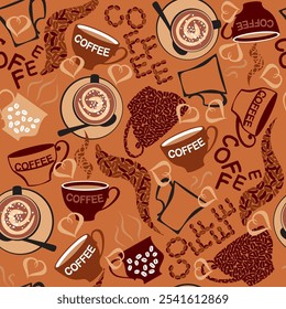 seamless pattern with cups of coffee on a brown background