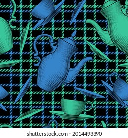 Seamless pattern with cups and coffee pots on a checkered tablecloth.  Vintage color engraving stylized drawing.  Vector illustration