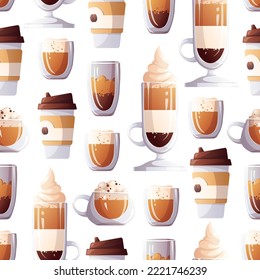 Seamless pattern with cups of coffee. Coffee shop, cafe-bar, drink, beverage concept. Vector illustration. Perfect for product design, wallpaper, wrapping paper.
