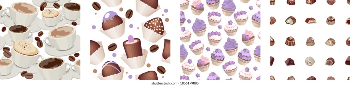 Seamless pattern with cups of  coffee, sweet muffins and chocolate candies