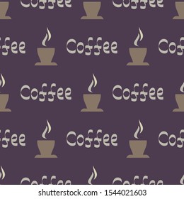 Seamless pattern with cups of coffee and text.
