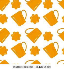 Seamless pattern with cups and cookies on a white background. Vector illustration in orange color