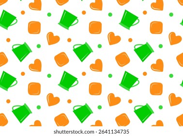 Seamless pattern with cups and cookies on a white background. Vector illustration in bright colors