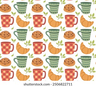 Seamless pattern with cups, croissants and buns. Vector colorful background with pastries and drinks in flat style