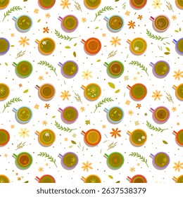 Seamless pattern with cups of different hot drinks. Herbal, floral, green tea on white background. Healthy eating. World Tea Day concept. Vector illustration.