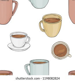 Seamless pattern with cups of different sizes and shapes. White background. Vector illustration in sketch style.