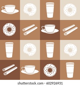 Seamless pattern with cups and donuts. Hand drawn backdrop with flat icons set. Colorful background with objects, coffee time. Decorative wallpaper, good for printing for cafe