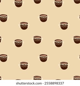 Seamless pattern with cups filled with coffee. The cups have hearts on them. Cups for Valentine's Day