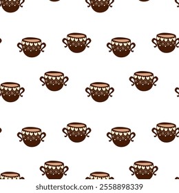 Seamless pattern with cups filled with coffee. The cups have hearts on them. Cups for Valentine's Day