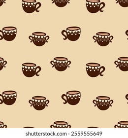 Seamless pattern with cups filled with coffee. The cups have hearts on them. Cups for Valentine's Day