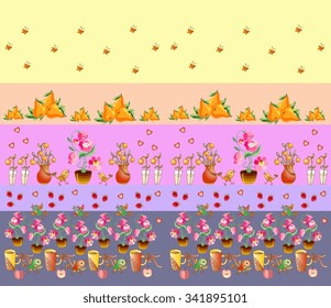 Seamless pattern with cups, flowers, berries, birds and butterflies. Cute kitchen design. Beautiful colorful hand drawn vector illustration.