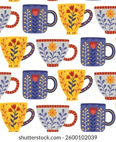 Seamless pattern with cups in folk style. Abstract background of cute utensils for drinks with floral ornament