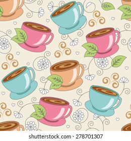 Seamless pattern with cups of fragrant drink with flowers and leaves