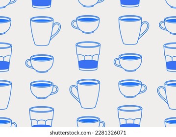 Seamless pattern of cups and glasses with coffee. Coffee time. Line art, retro. Vector illustration for coffee shops, cafes, and restaurants.