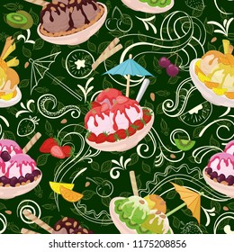 Seamless Pattern, Cups and Glasses, Ice Cream with Berries, Waffles, Nuts and Sweet Syrup on Background with White Outline Pictograms. Vector