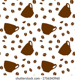 Seamless pattern with cups and grains of coffee. Hand drawn simple kitchen supplies. Vector illustrations on white background. Perfect for packaging, home decoration, kitchen textiles, menu, cafe