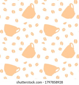 Seamless pattern with cups and grains of coffee. Hand drawn simple kitchen supplies. Vector illustrations on white background. Perfect for packaging, home decoration, kitchen textiles, menu, cafe
