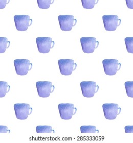 Seamless pattern with cups. Hand-drawn background. Vector illustration. Real watercolor drawing.