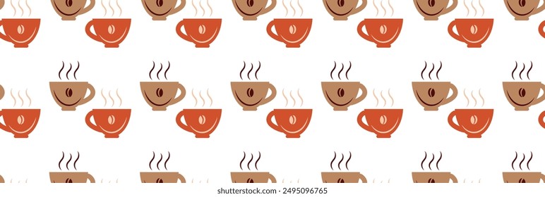 Seamless pattern with cups of hot coffee on white background. For packaging, fabric, cover design. Vector graphics 