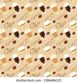 Seamless pattern with cups of latte, cappuccino, coffee beans, coffee words . Vector seamless pattern with cups. Vector illustrattion