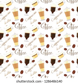 Seamless pattern with cups of latte, cappuccino, coffee beans, coffee words isolated on white background. Vector seamless pattern with cups. Vector illustrattion
