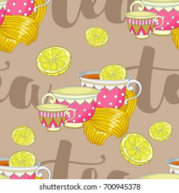 Seamless pattern with cups and lemon. With an inscription.
