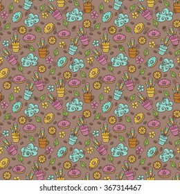 Seamless pattern with cups, lemon and sweets