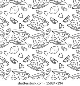 Seamless pattern with cups, lemons and  hearts in black and white - vector