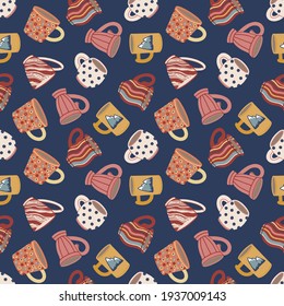 Seamless pattern with cups and mugs. Cute ceramic tableware. Design of textiles, menus, canteens, eateries, cafes and restaurants. Vector illustration