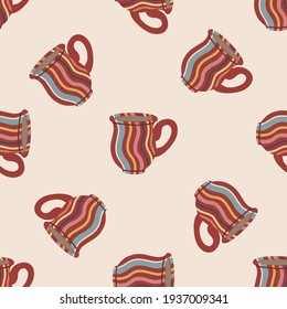 Seamless pattern with cups and mugs. Cute ceramic tableware. Design of textiles, menus, canteens, eateries, cafes and restaurants. Vector illustration