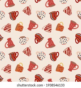 Seamless pattern with cups and mugs. Cute ceramic tableware. Design of textiles, menus, canteens, eateries, cafes and restaurants. Vector illustration